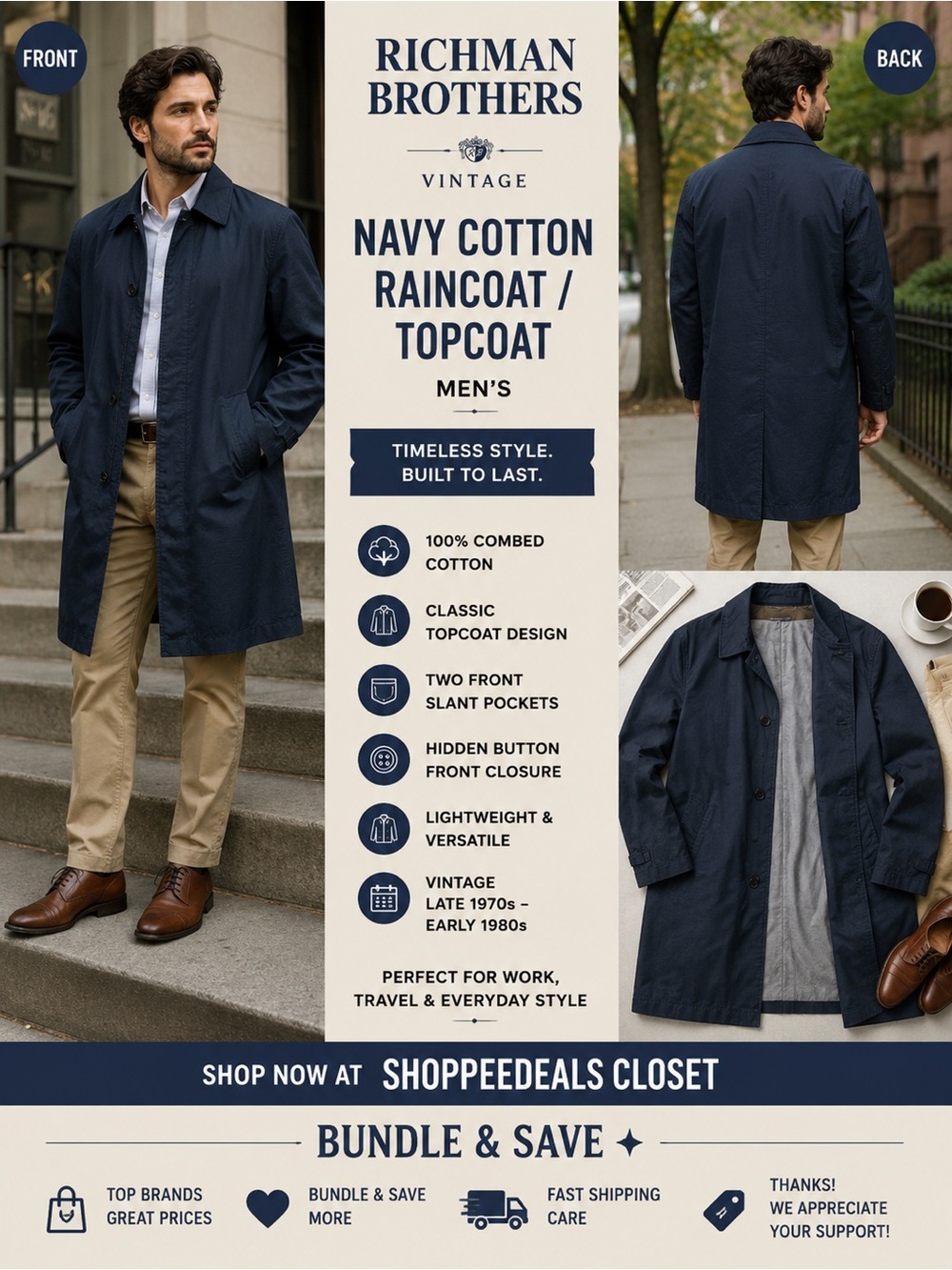 Richman Brothers Vintage Navy Cotton Raincoat / Topcoat – Men’s